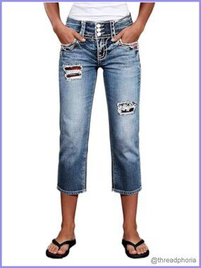 High Rise Straight Leg Capri Jeans Star Embroidered Ripped Denim